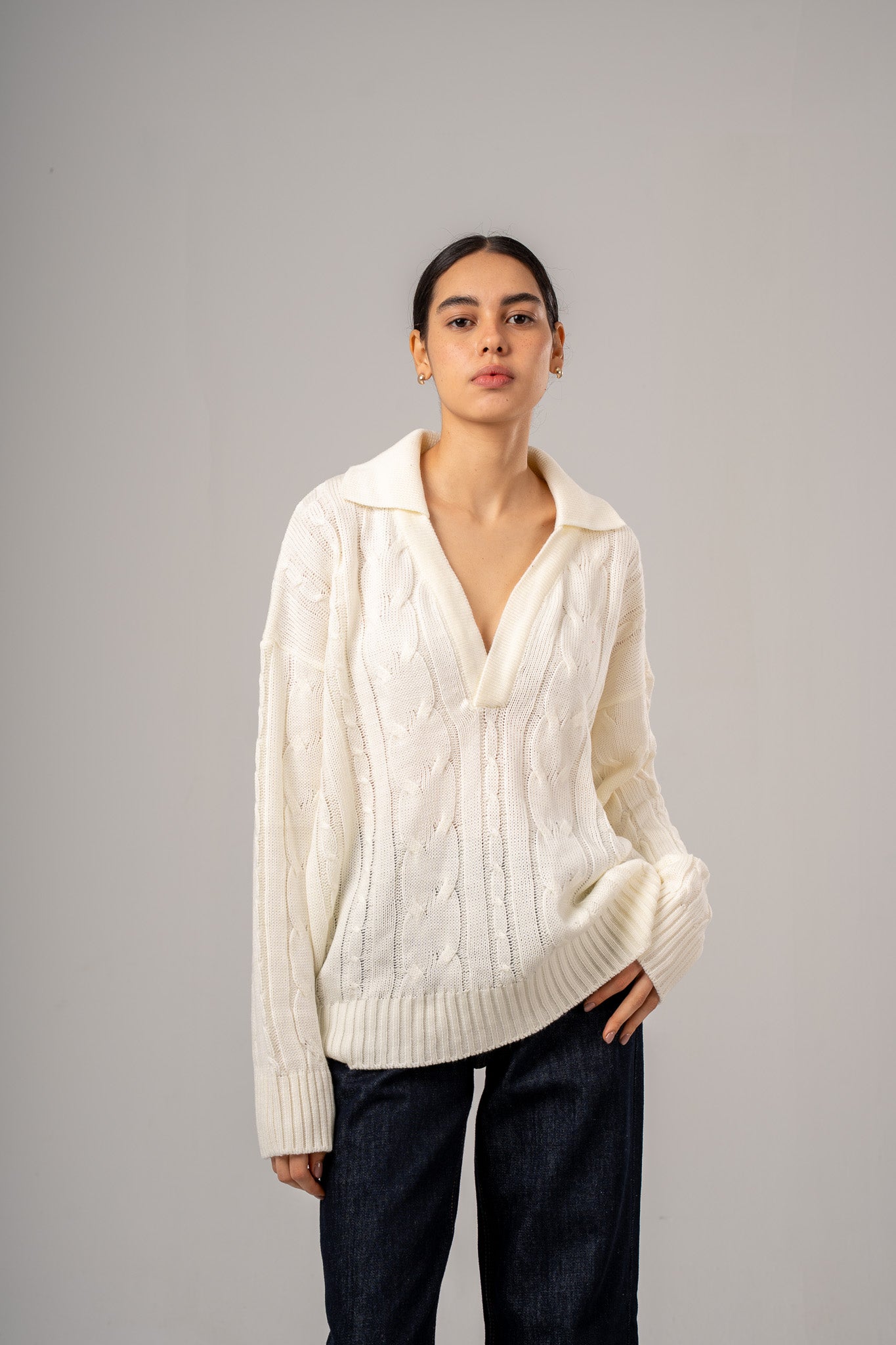 Ecru Cable Pullover With Collar